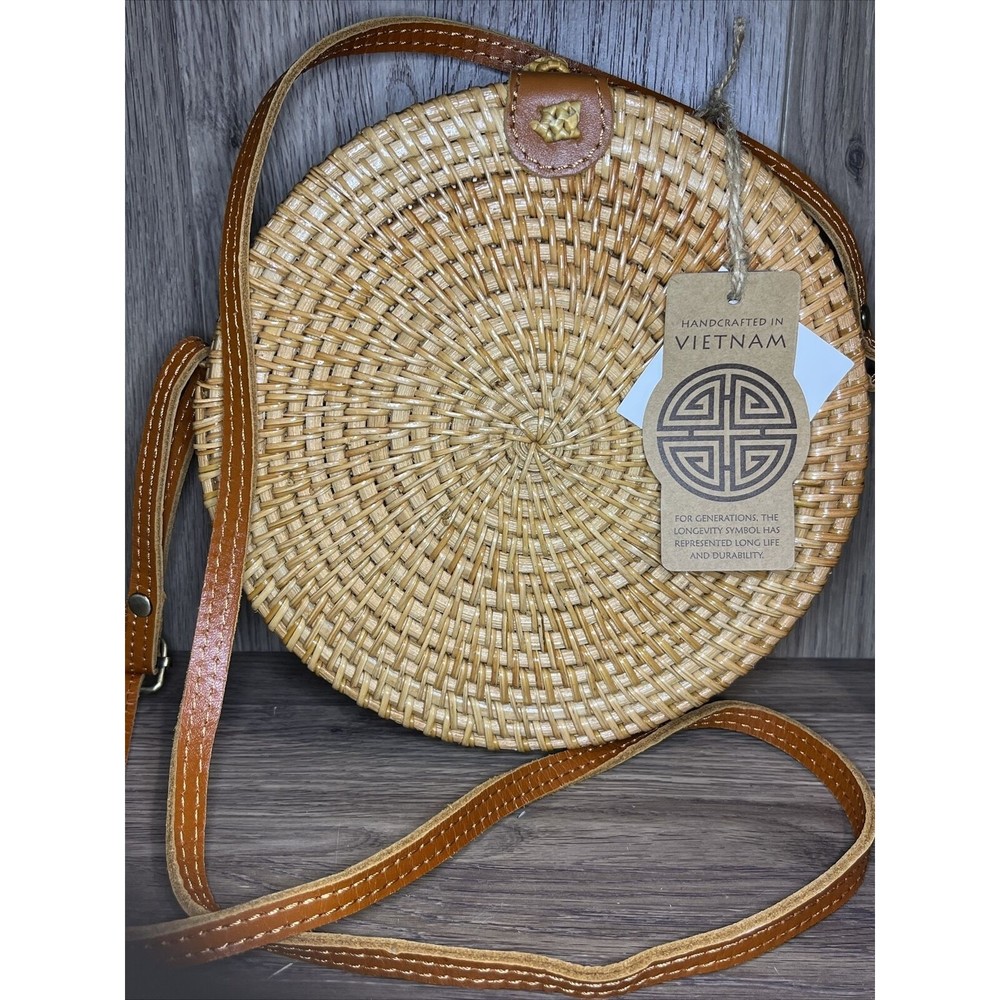 Handcrafted In Vietnam Woven Rattan Genuine Leather Circle Pattern Bag NWT